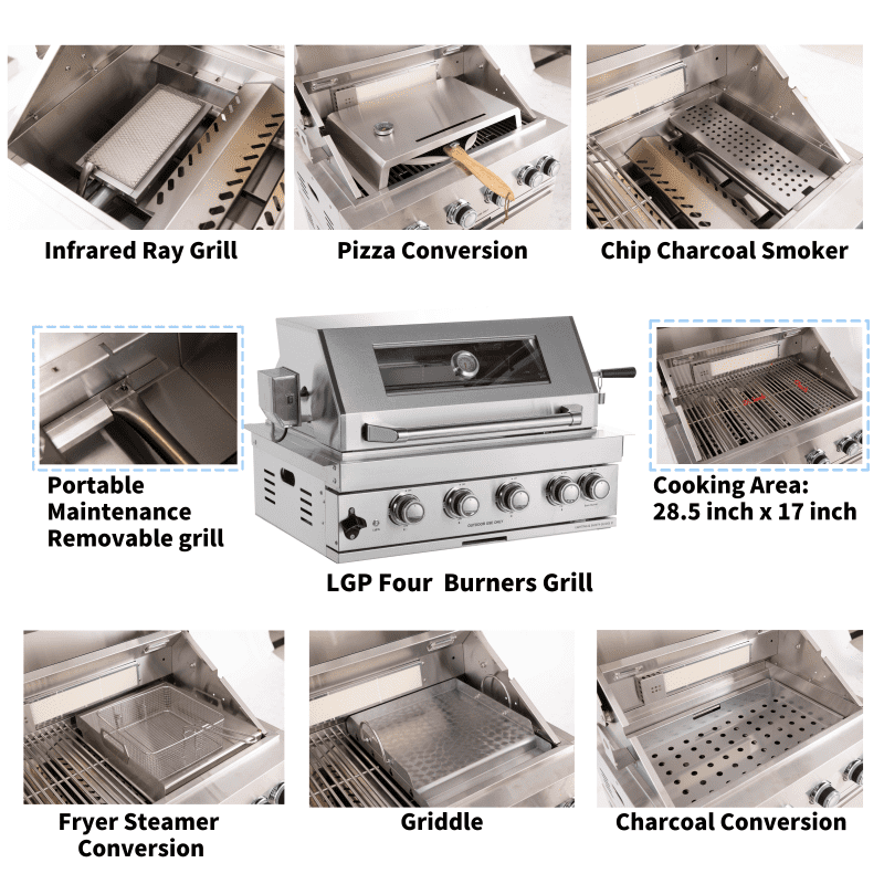 Built-in Outdoor Kitchen 32 inch LPG Gas Grill 60000 BTU Stainless Steel Four burners Grill with Infrared Rear Bunrer and Door and Drawer Combo and Drop in Stainless Steel 304# Sink with BBQ Tool Set
