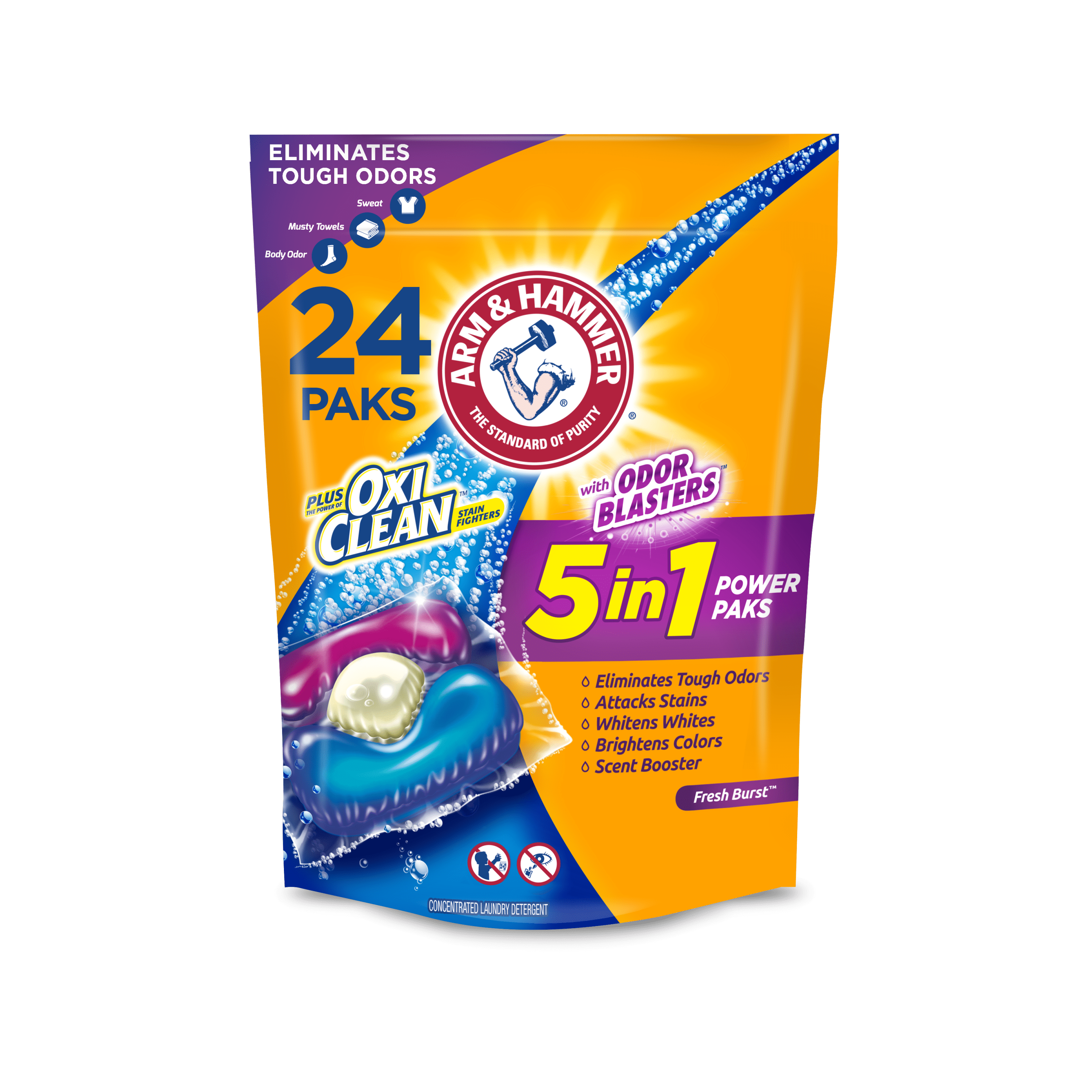 Arm & Hammer Plus OxiClean With Odor Blasters LAUNDRY DETERGENT 5-IN-1 Power Paks, 24CT (Packaging may vary)