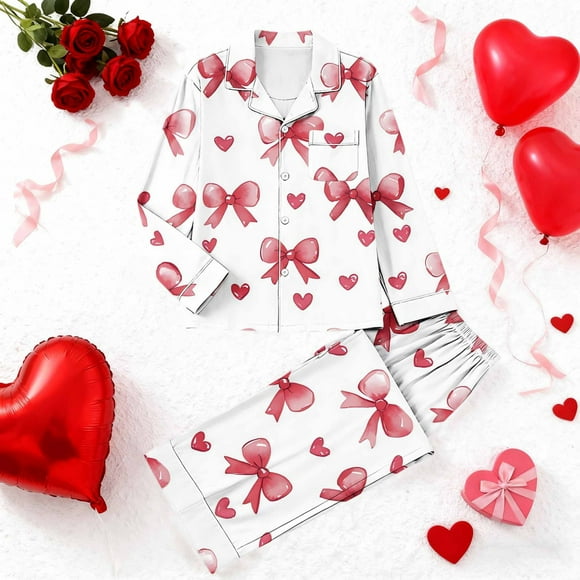 RKSTN Women's Valentines Pajama Sets Plus Size Notch Collar Button Down Valentine's Day Print T Shirt Top and Pjs Pant 2 Piece Matching Set Casual Lapel Sleepwear Shirt Pjs Loungewear Two Piece Set