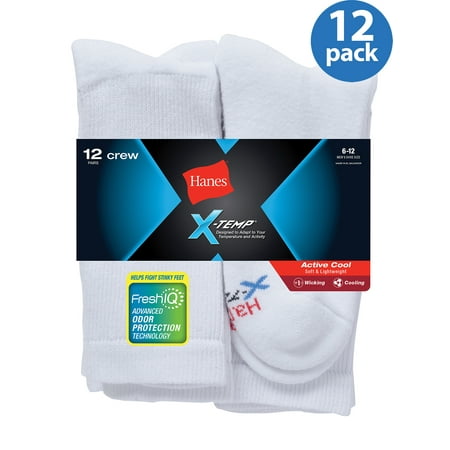 Hanes X-Temp Men's Active Cool Crew Socks, 12 Pack, 6-12, White
