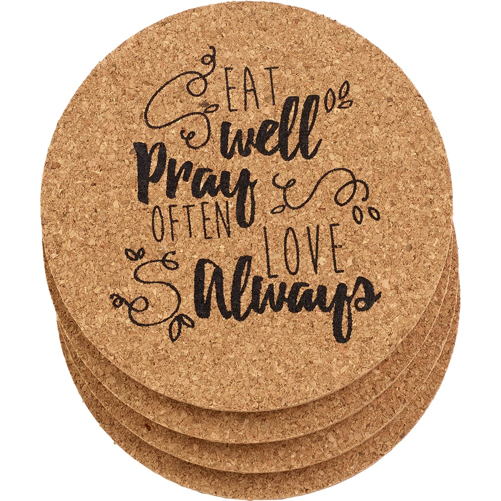 Precious Moments Bountiful Blessings Eat Well Pray Often Love Always Cork Coasters 4 Piece Set