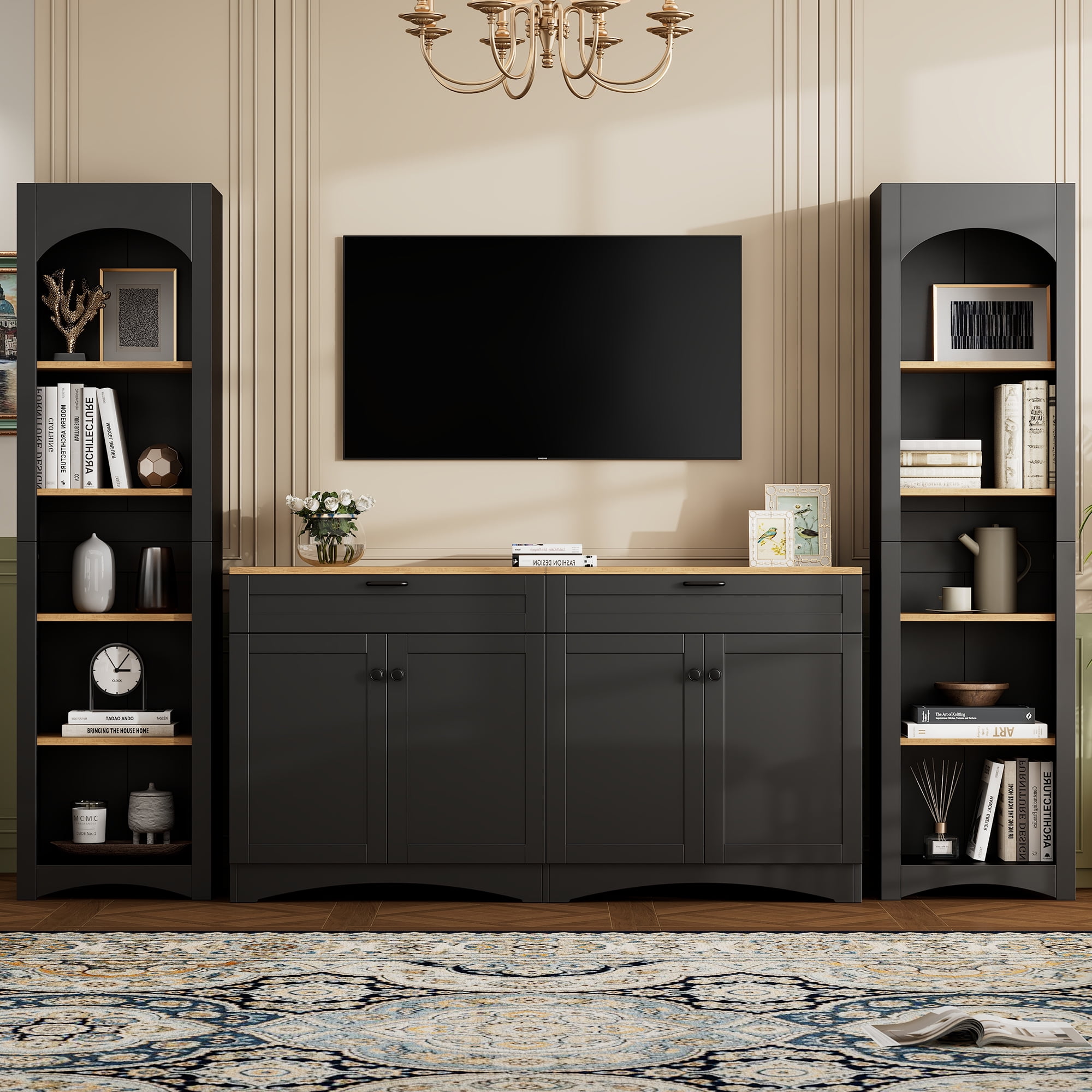 Harper & Bright Designs 3-Piece Wooden TV Stand Set with Bookshelf for 70 inch TV, TV Storage Cabinet with Adjustable Shelves, Mid-Century Entertainment Center Console Table for Living Room, Black