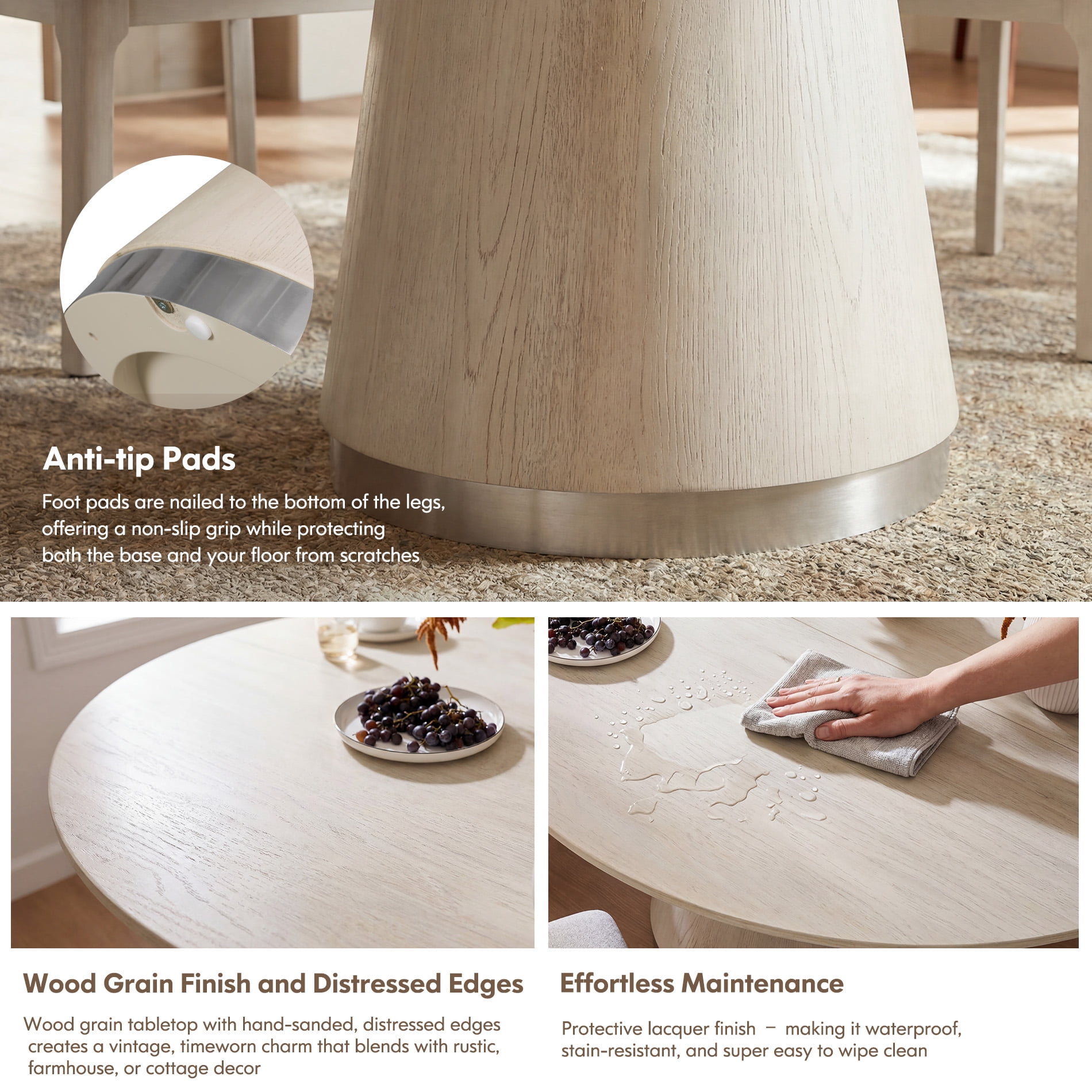 3 Pieces Dining Table and Chairs Set, 43" Circle Kitchen Table with Pedestal Base and 2 Solid Wood Dining Chairs with Soft Padding