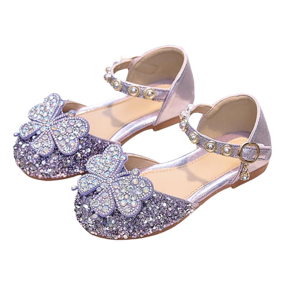 Mepaouo Little Kids Girls Dress Shoes Pumps Glitter Sequin Princess Low Heel Princess Mary Jane Purple 5.5