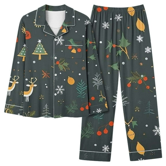 Tnhcen Adorable Snug Christmas Women’s Pajamas V-Neck Long Sleeve Button-Up Top Elastic Waistband Pants Comfortable Pjs Home Clothes S-3XL