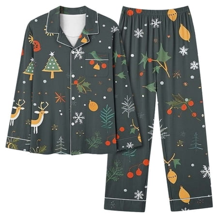 THDHVS Fall Pajamas Women Lounge Sets for Women Women V-neck Turn Down Collar Loose Fashion Christmas Print Loungewear Long Sleeve Pajamas Set for Women Gray S