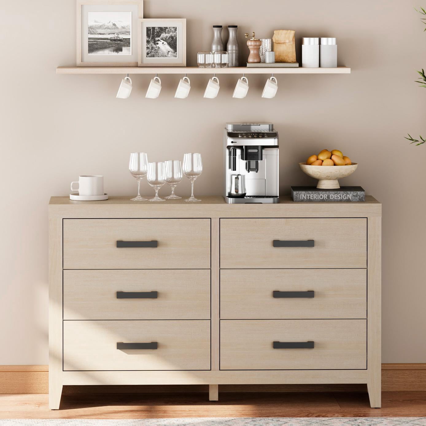 WAMPAT Farmhouse Dresser for Bedroom, 53 Inch Farmhouse Wood Storage Cabinet with 6 Drawers, Rustic Chest of Drawers for Living Room & Hallway