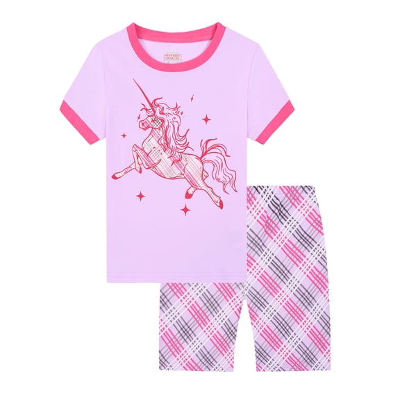WIBACKER 100% Viscose Girls Pajama Set 2 Piece Kids Summer Sleepwear Little Girls Short Sleeve Top and Shorts Pjs for 3-10 Years,Unicorn