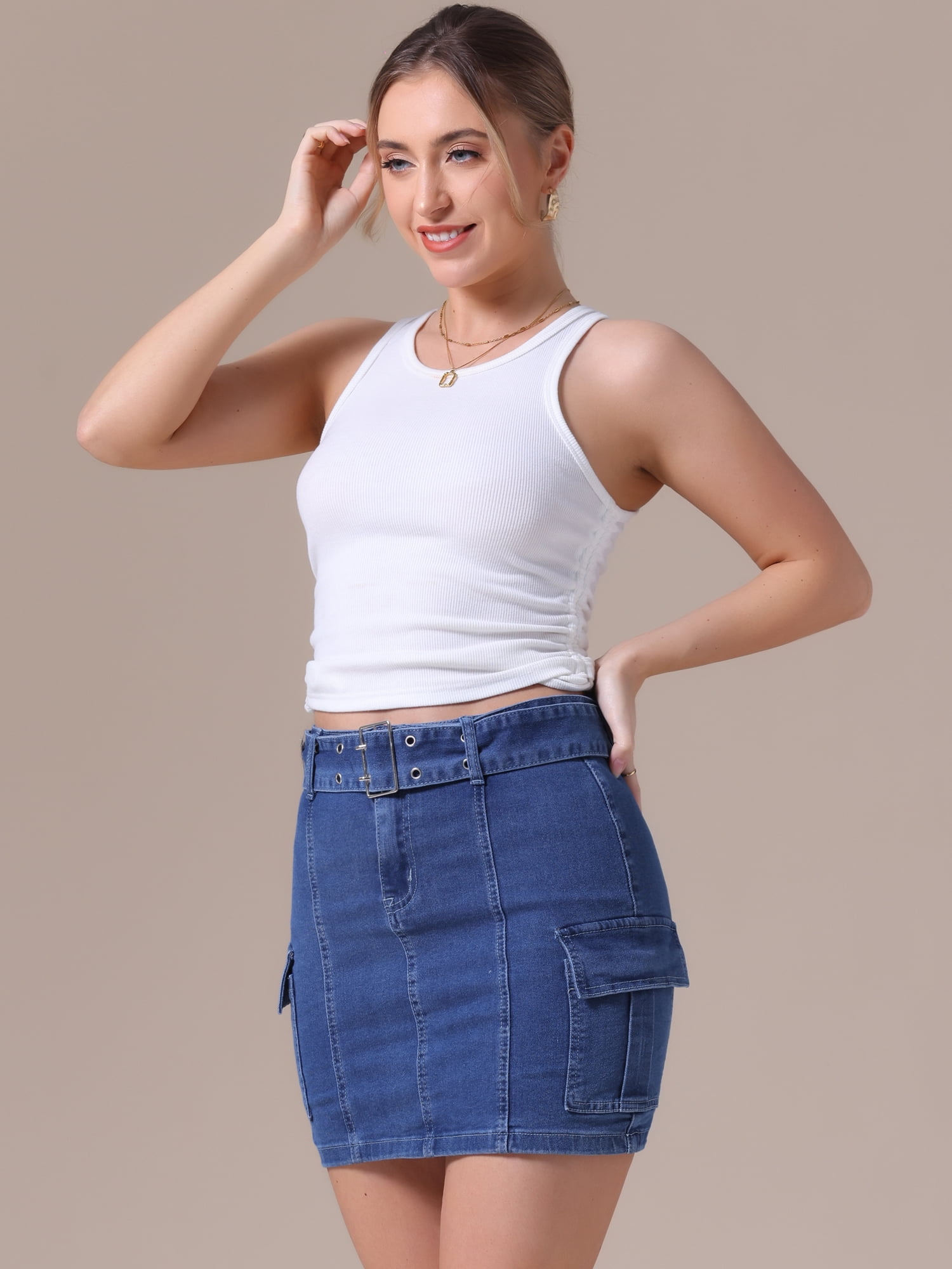DARING DIVA Women's Summer High Waist Bodycon Mini Cargo Jean Skirt XL Blue