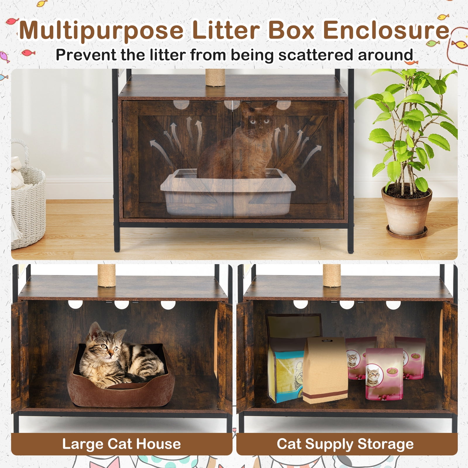Gymax Cat Tree w/ Litter Box Enclosure w/ Hidden Washroom Scratching Posts & Pad
