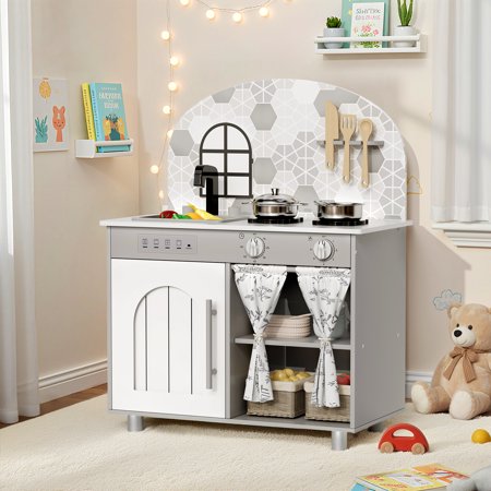 TLSUNNY Kids Play Kitchen with Interactive Sounds & Lights Wooden Toy Kitchen Set with Sink Stove Educational Gift for Ages 3+