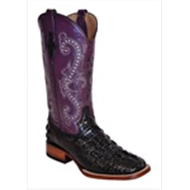 Ladies Print Caiman Body Square Toe Black And Purple Boots 7.5B