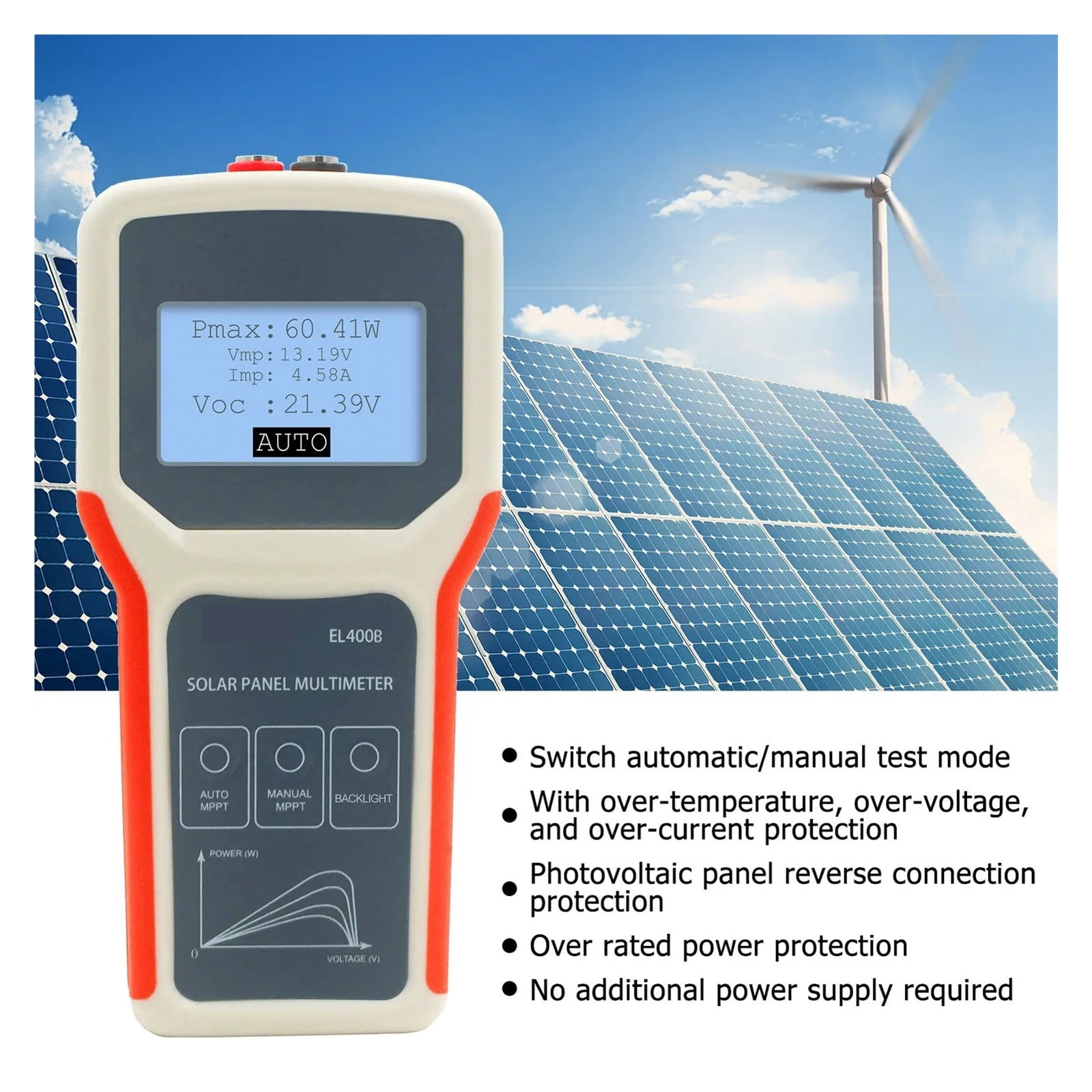 LCD MPPT Solar Panel Multimeter Smart Current Tester Voltage Tester Digital Power Meter Solar Panel Tester VOC Test Meter EL400B ,Easy to Use