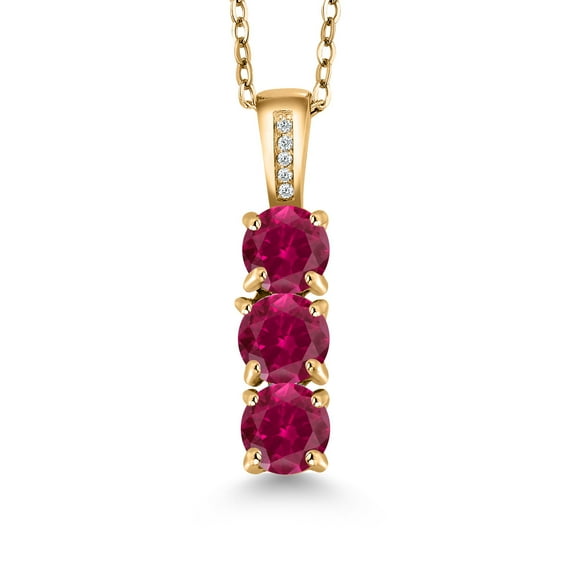 Gem Stone King Red Created Ruby and Diamond 18K Yellow Gold Plated Silver Three Stone Pendant Necklace for Women (1.84 Cttw, Round 5MM, with 18 inch Chain)