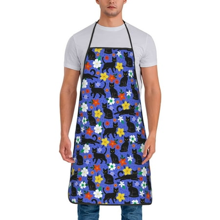 

Xecao Black Cats And Flowers Print Funny BBQ Chef Aprons for Men Women Adjustable Kitchen Cooking Aprons with Pocket Waterproof Oil Proof No Pilling Fading