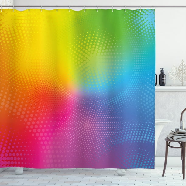 Rainbow Shower Curtain, Vibrant Neon Colors Circles Rounds Dots Radiant