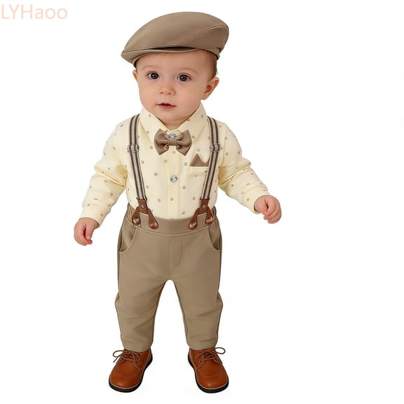 LYHaoo Baby Boy Formal British Style Suspenders Romper Long Sleeve Gentleman Outfit For First Birthday Party And Photoshoot Boys Pant Sets Sizes (0-3 Months)