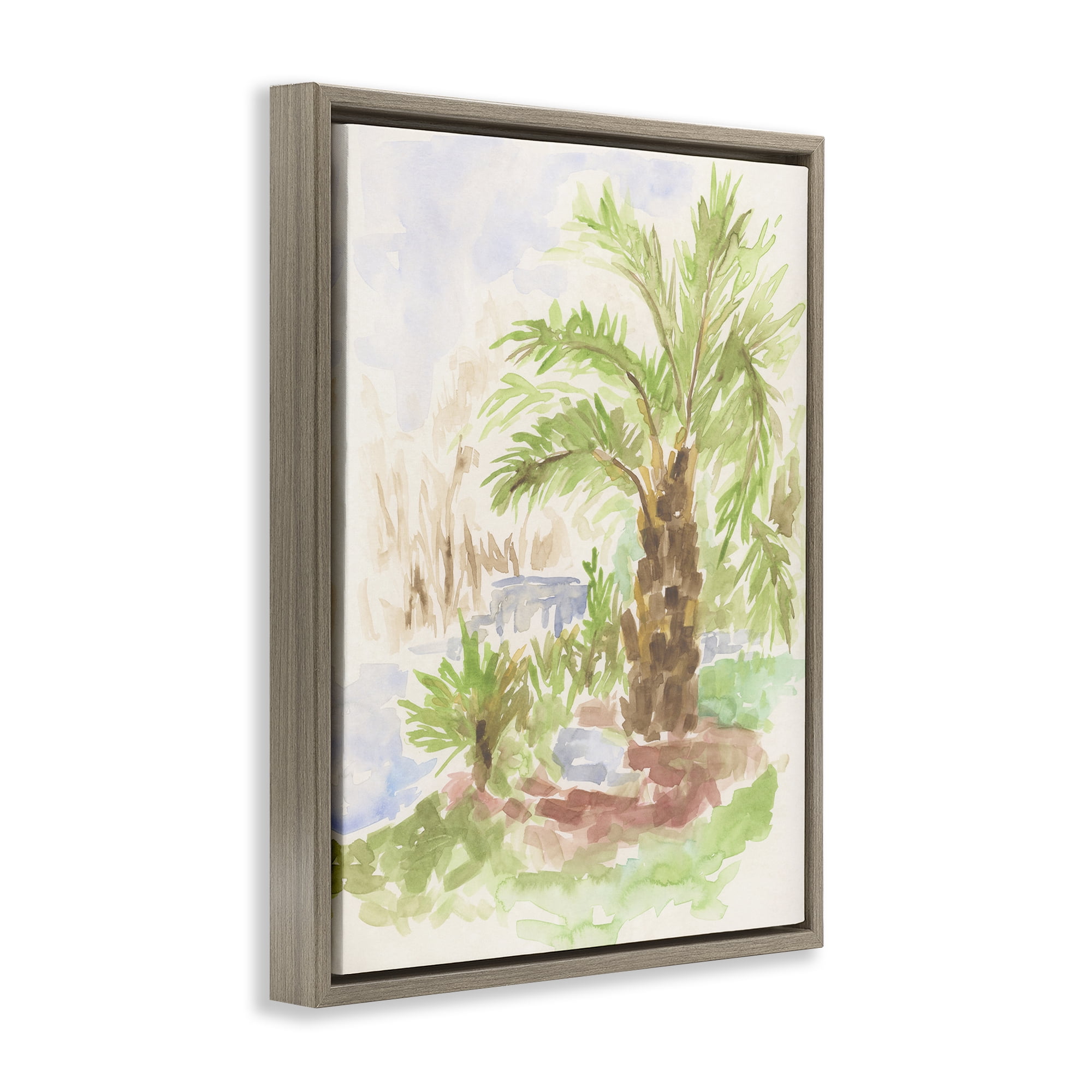 Stupell Industries Palm Tree River's Edge Landscape & Nature Painting Brown Floater Framed Canvas Art Print Wall Art, 25 x 31