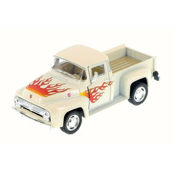 1956 Ford F-100 Pickup Truck, Cream w/ Flames - Kinsmart 5385DF - 1/38 Scale Diecast Model Toy Car