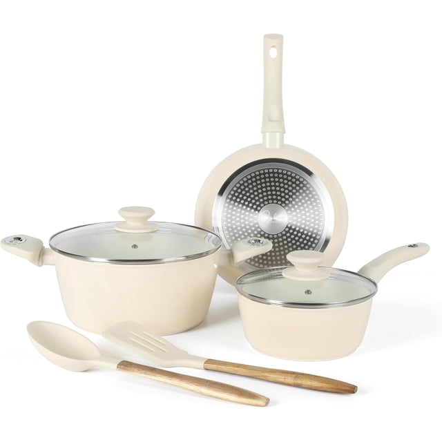 Bateria de cocina 7 Pzas GIBSON Cerámica Antiadherente Crema