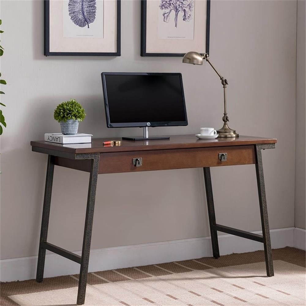 Pemberly Row Wood Computer Desk in Walnut and Foundry Bronze