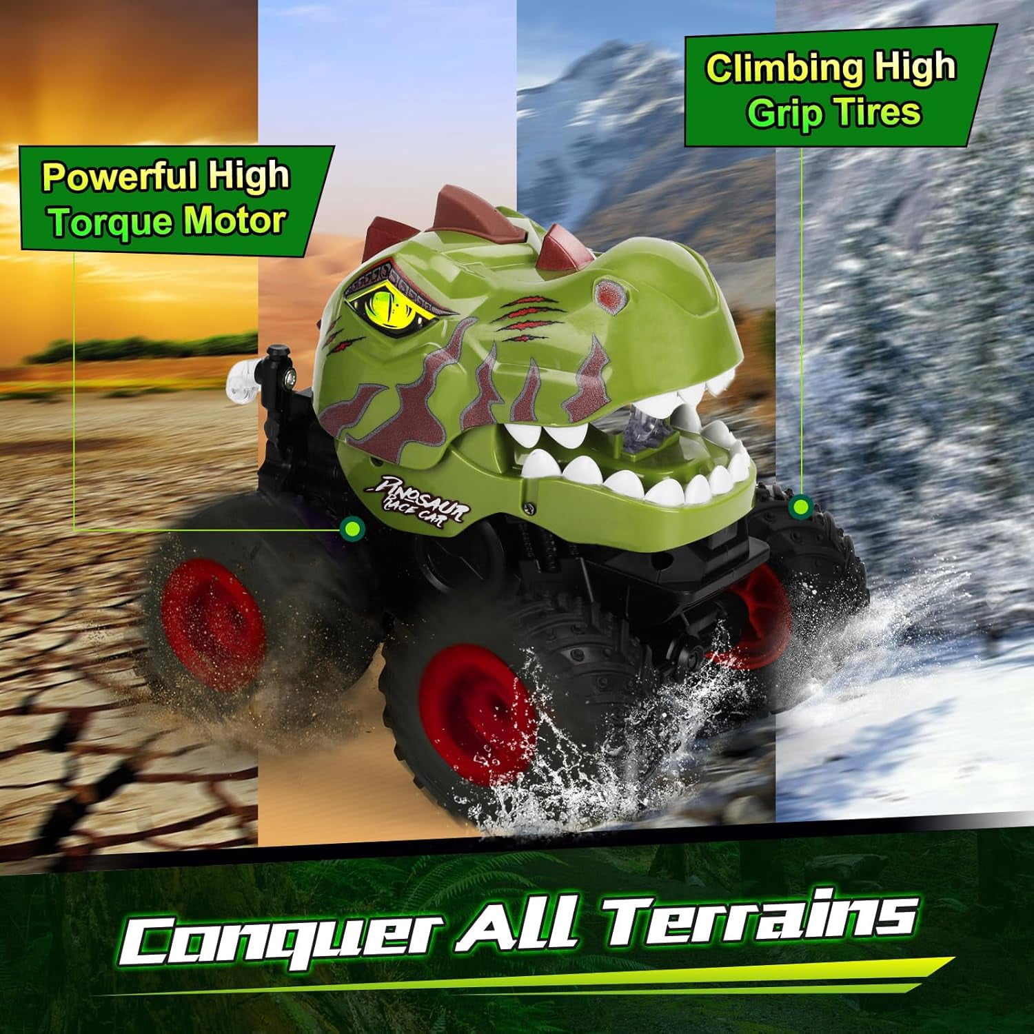 Drefirsa Remote Control Dinosaur Car, Monster Truck Toy for Boys Ages 3-10, Green