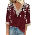thumbnail image 2 of Vivianyo HD Classic Women's 3/4 Sleeve Shirt Women's Printed Pullover V-neck Lace T-shirt With 4/3 Sleeves And 3/4 Sleeves Top, 2 of 4