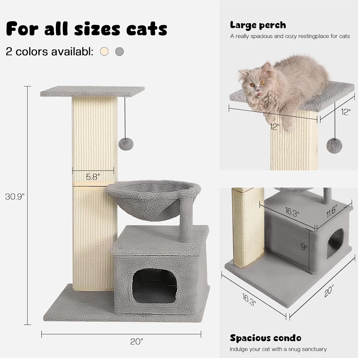 Cat Scratching Post with Perch, Sisal Cat Scratchers for Indoor Cats, Large Cat Scratching Post with Hammock & Fluffy Ball, 31 Inches Tall Cat Scratching Tower, Gray