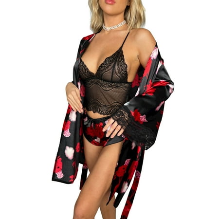 

DYMADE Women Lace Floral Printed Bra Set Shorts Homewear Bathrobe Pajamas
