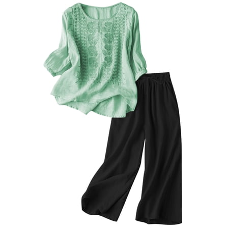 Likimi Two Piece Sets For Women Casual Summer Solid Color Embroidered 3/4 Sleeve Crew Neck Top With Pants Outfit Set Light Green Size L