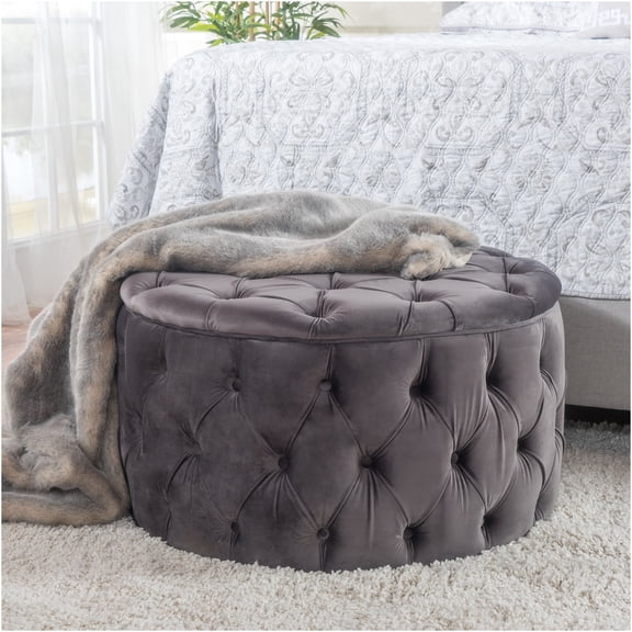 JERFIT Velvet Ottoman Footstool Pouf, Grey Plush Upholstered Storage Ottoman for Living Room, Modern Accent Stool for Bedroom & Dorm
