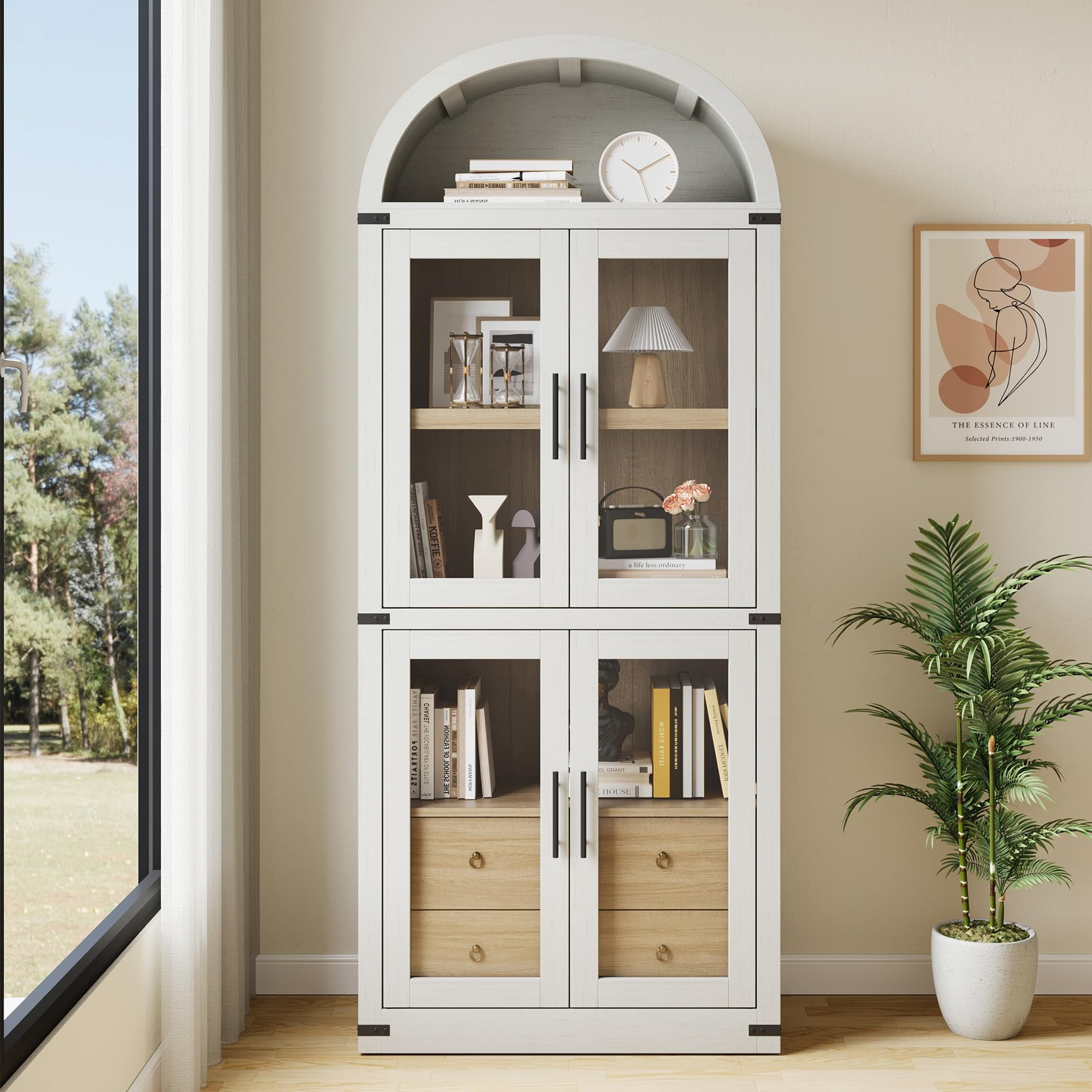 Danolapsi 71.4in Tall Arched Pantry Cabinet,Wood Bookcase with 2 Drawers,Kitchen Pantry Cabinet with Glass Door,Modern Farmhouse Display Cabinet Kitchen Cupboard for Kitchen,Dining Room,Bathroom