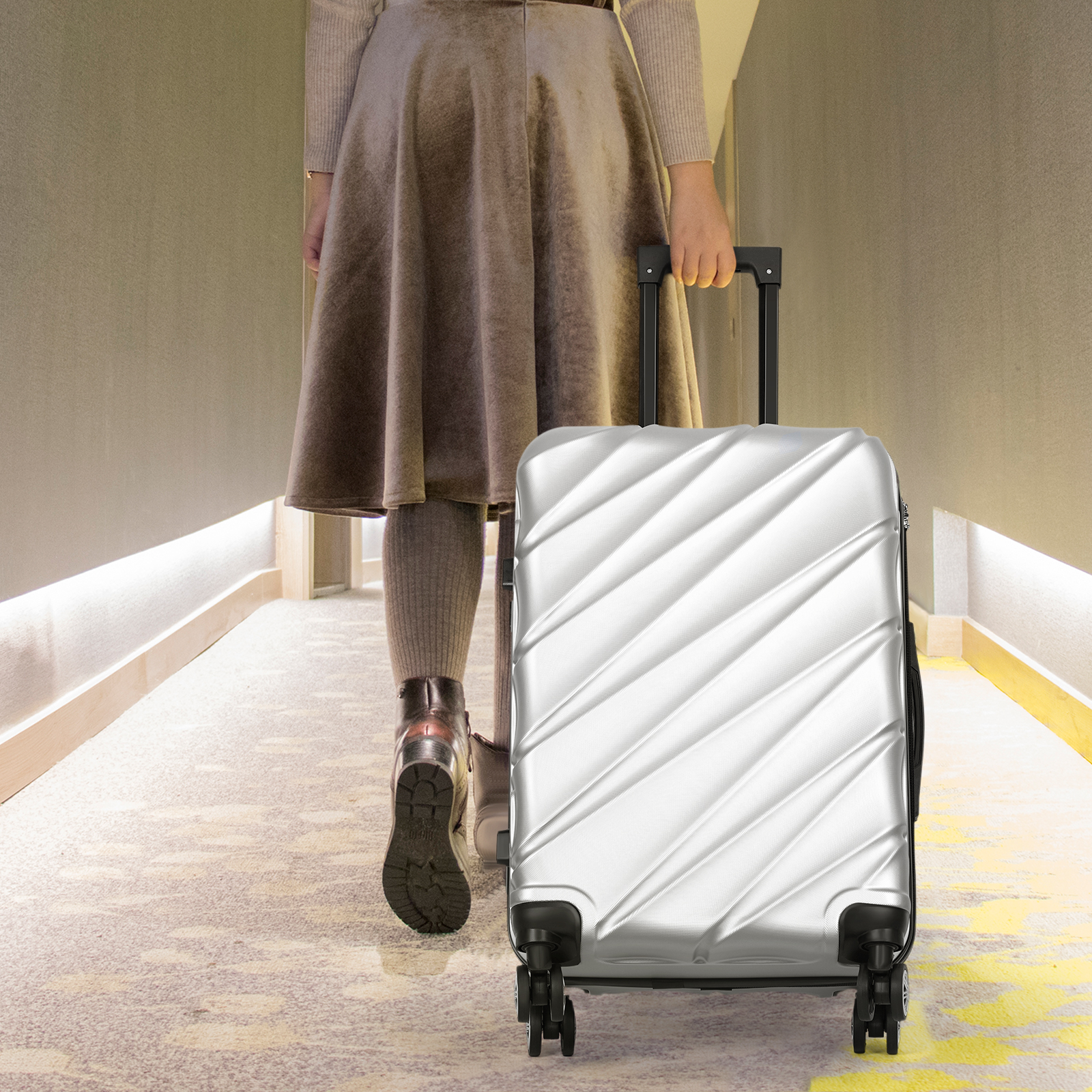 Twill Stripe Luggage Travel 3-Piece Set Silver
