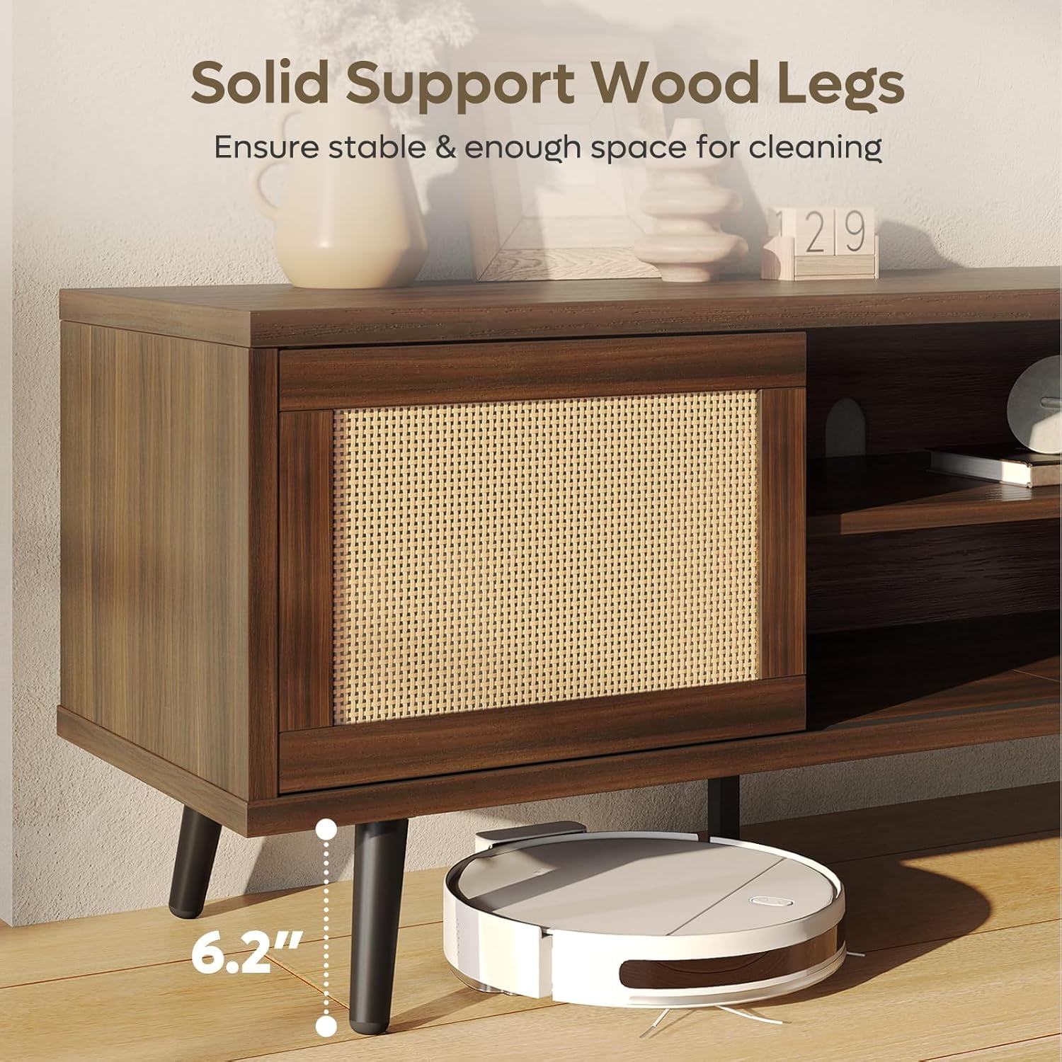 Bestier 63" Boho TV Stand for TVs up to 65 inch, Mid Century Modern TV Stand with Rattan Sliding Doors, Entertainment Center  for Living Room, Walnut