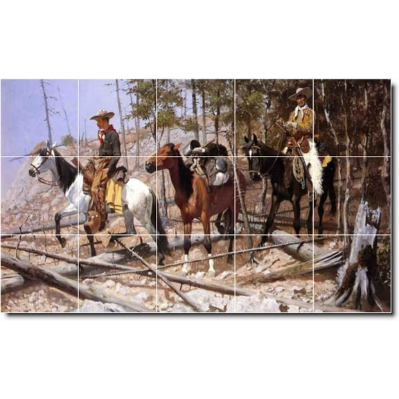 Ceramic Tile Mural-Frederic Remington Western Bathroom Tile Mural 6. 21.25" w x 12.75" h using (15) 4.25 x 4.25 ceramic tiles