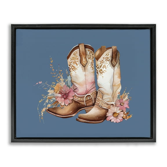 Stupell Industries Cowboy Boots & Wildflowers Plants & Flowers Painting Black Floater Framed Canvas Art Print Wall Art, 21 x 17
