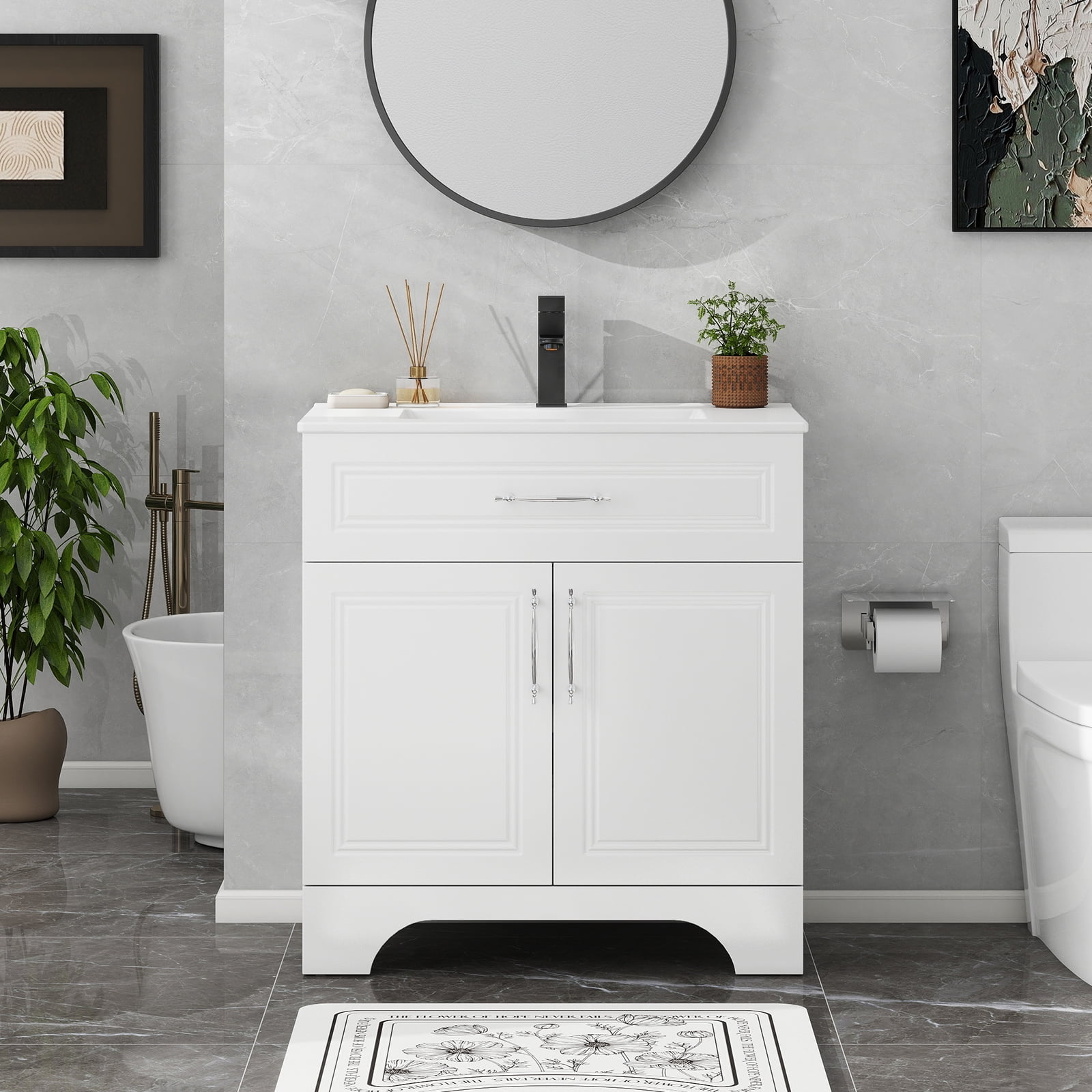 ELECWISH 30" Bathroom Vanity with Sink Combo, Modern Bathroom Storage Cabinet Set with Tip-Out Drawer and 2 Soft Closing Door, Ceramic Undermount Sink, Matte Black Faucet Drain, Black
