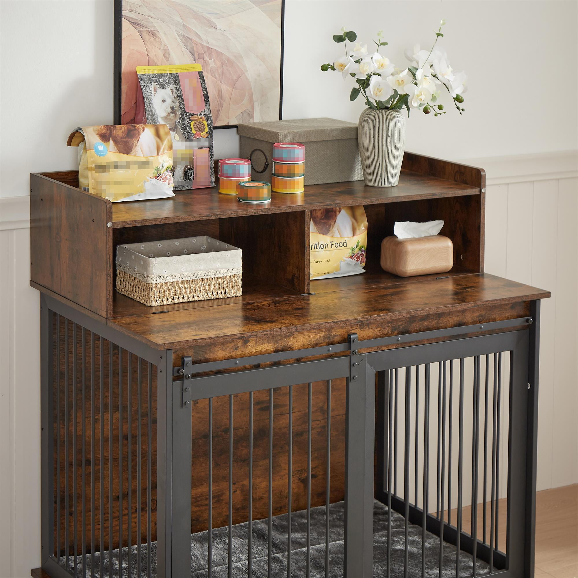 Pefilos 43" Heavy Duty Dog Crate for Medium Dogs with Cabinet, Furniture Style Dog House with Wheels, Indoor Dog Cage Sliding Frame Iron Door with Mat, Brown Pefilos 43" Heavy Duty Dog Crate for Medium Dogs with Cabinet, Furniture Style Dog House with Wheels, Indoor Dog Cage Sliding Frame Iron Door with Mat, Brown