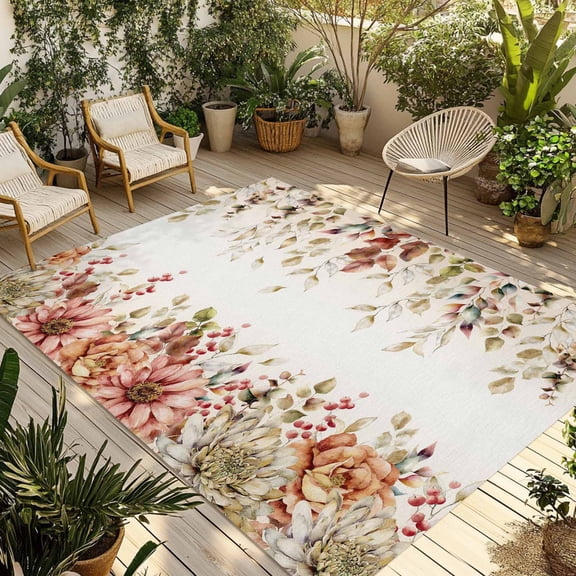 Eucalyptus Leaves Outdoor Rug for Patio/Deck/Porch, Non-Slip Large Area Rug 3 x 5 Ft, Farmhouse Idyllic Flowers Floral Leaaf Indoor Outdoor Rugs Washable Area Rugs, Camping Rug Carpet Runner