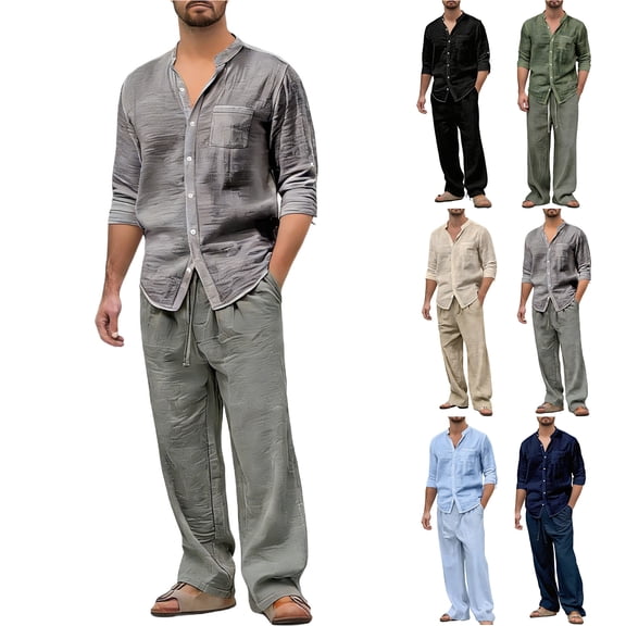 Havenre Men's Linen Sets 2 Piece Outfits Casual Long Sleeve Button Down Hawaiian Shirts and Drawstring Elastic Waist Pants Summer Beach Vacation Lounge Outfit Set Khaki XL