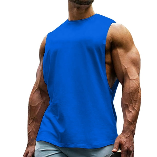 Cathalem Men's Workout Tank Top Crew Neck Sleeveless Muscle T Shirts Summer  Beach Tops,Blue XL 