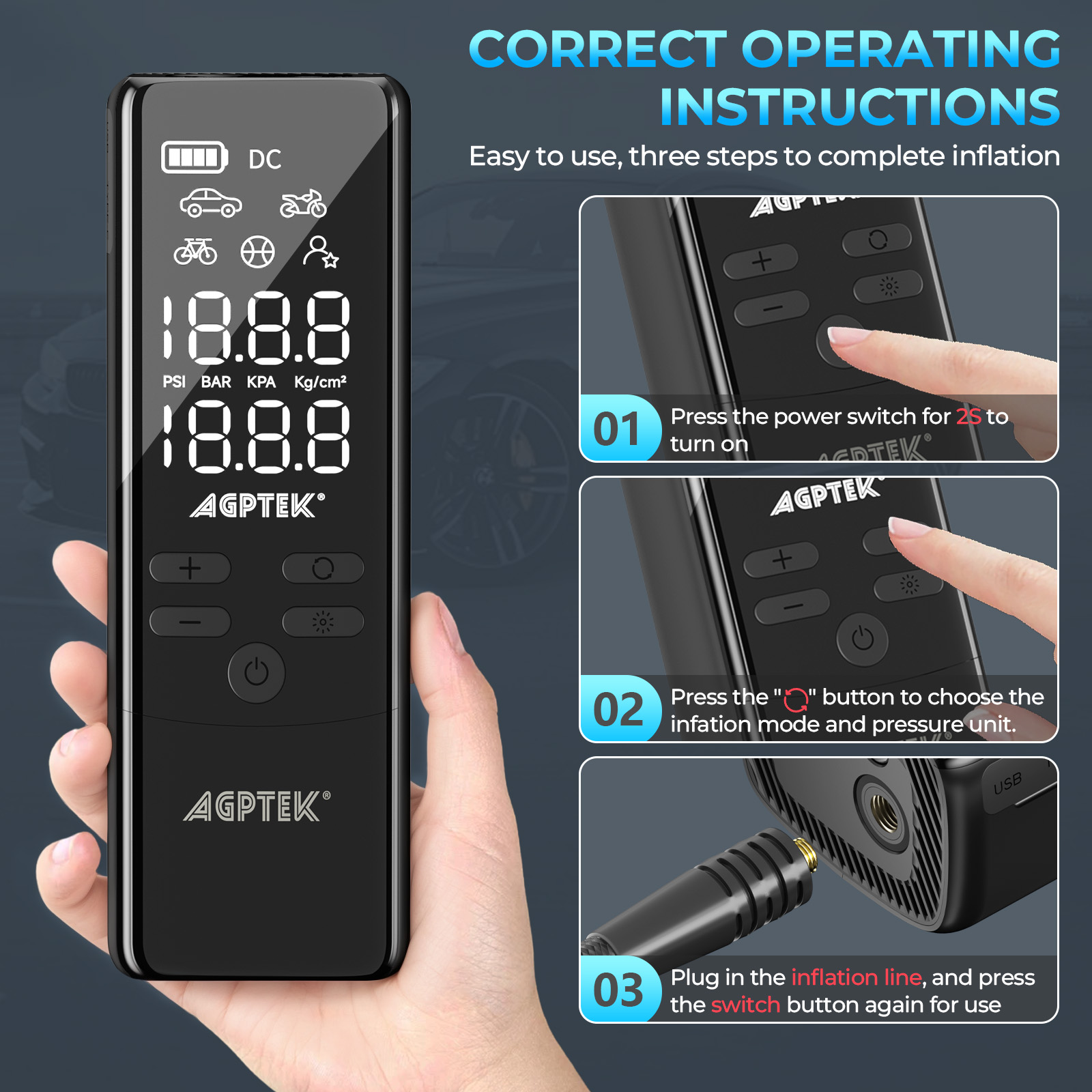 AGPTEK Tire Inflator Portable Air Compressor-150PSI & 7500mAh& 12V DC Tire Pressure Gauge Electric Air Pump for Cars, Bikes & Motorcycle Tires, Balls