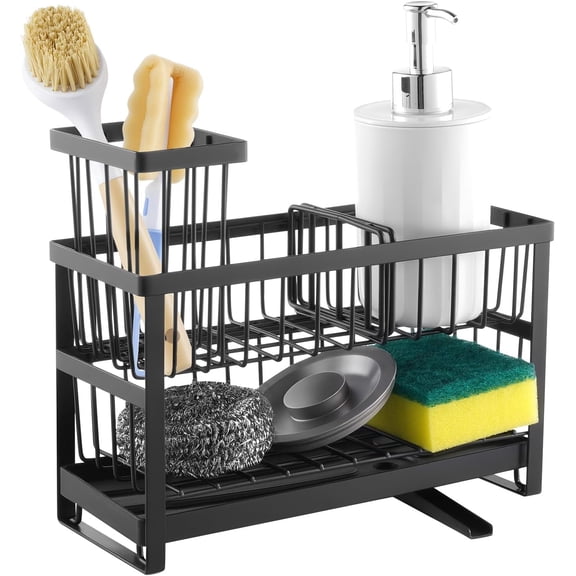 Behome 2-Tier Sponge Holder for Kitchen Sink, Sink Caddy Organizer with Brush Holder and Removable Drain Tray, Rustproof Countertop Organizer for Sponge, Soap Dispenser Storage Accessories