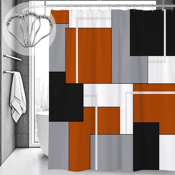 Modern Orange Grey Shower Curtain, Black and Orange Geometric Fabric Shower Curtains Set, Waterproof Shower Curtains for Bathroom,72 x 72 inch