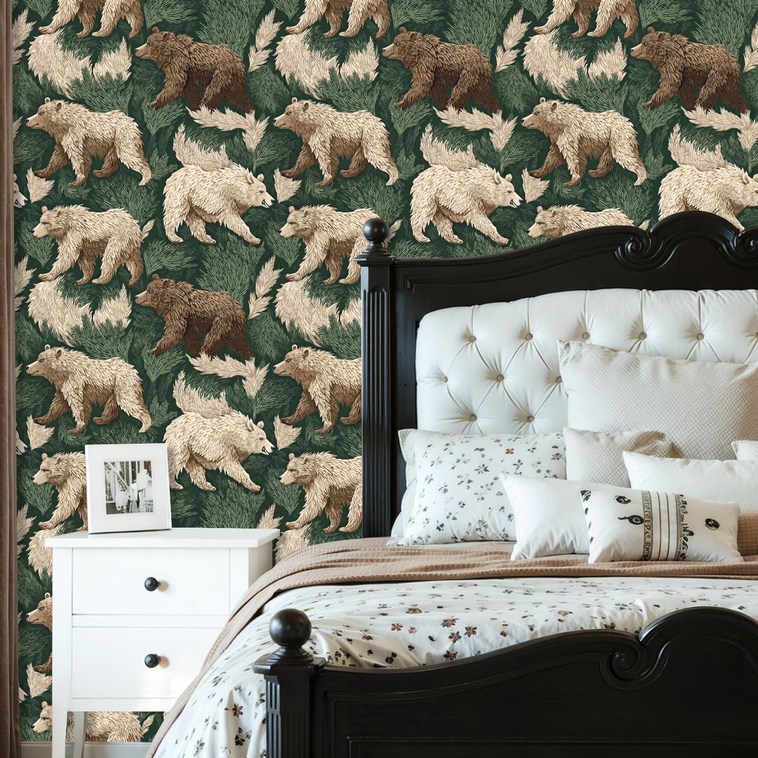 Peel and Stick Wallpaper Woodland Bear Fur Green Foliage Hunting Wildlife Vintage Wall Mural 23.6in x 9.8ft Self Adhesive Removable Wall Paper Renter Friendly Wallpaper for Nursery Bedroom Cabinets