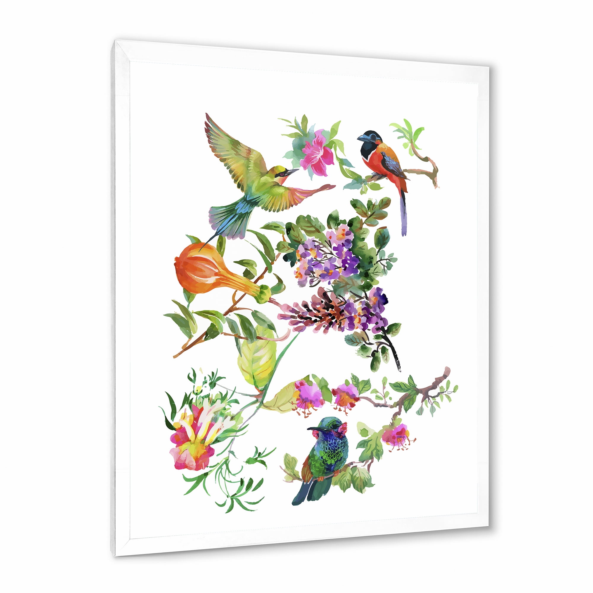 Designart 'Colourful Birds and Tropical Flowers II' Traditional Framed Art Print