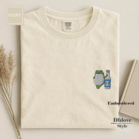 Funny Soju Embroidered T-shirt, Korean jinro frog – Tee – Unisex