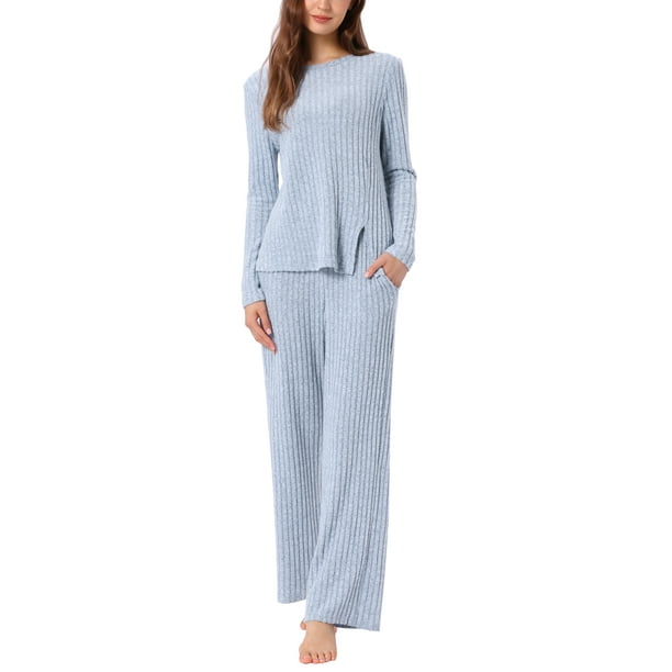 CONJUNTO DE PIJAMAS PARA MUJER INSPIRE CHIC, CUELLO REDONDO, MANGAS LARGAS, ROPA DE CAMA SUAVE, LOUNGEWEAR CON BOLSILLO M AZUL