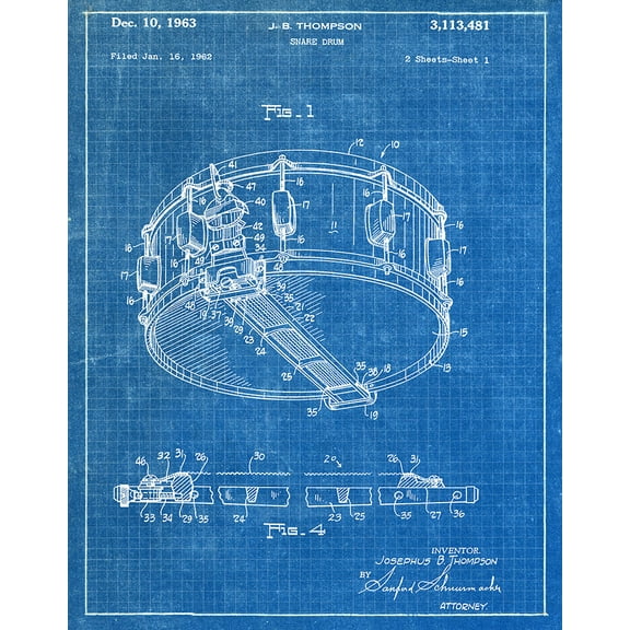 Original Snare Drum Artwork Submitted In 1963 - Music - Patent Art Print