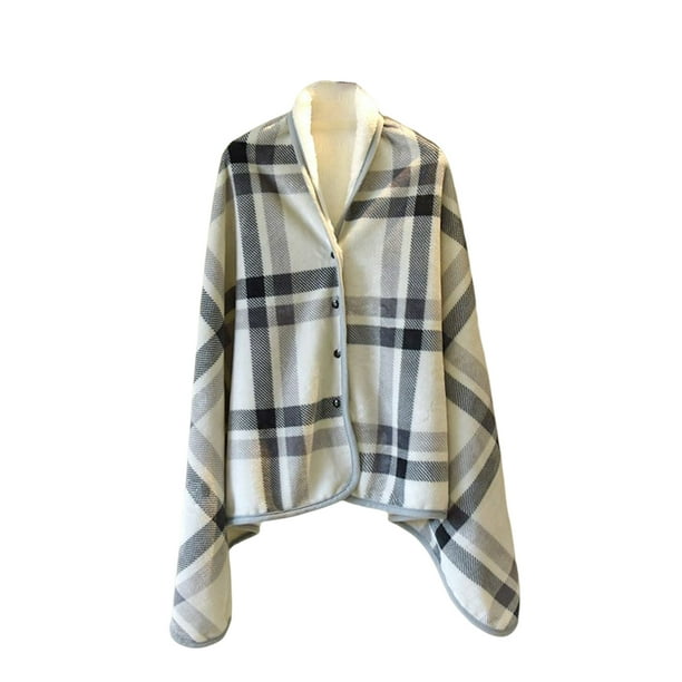 Inteprter Mantas portátiles de terciopelo de doble cara, patrón de rejilla con capucha, chal cálido, manta con botón, alfombra para dormir, hogar y Suministros térmicos Rejilla blanca gris Inteprter HA071574-02